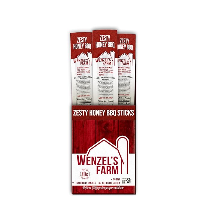 Wenzel’s Farm Zesty Honey BBQ Sticks │Supports Active Lifestyles│ Flavorful Naturally Smoked │ High Protein Low Carb │ No MSG Fillers Binders Artificial Colors │ Gluten Free | 32 sticks (16 packs