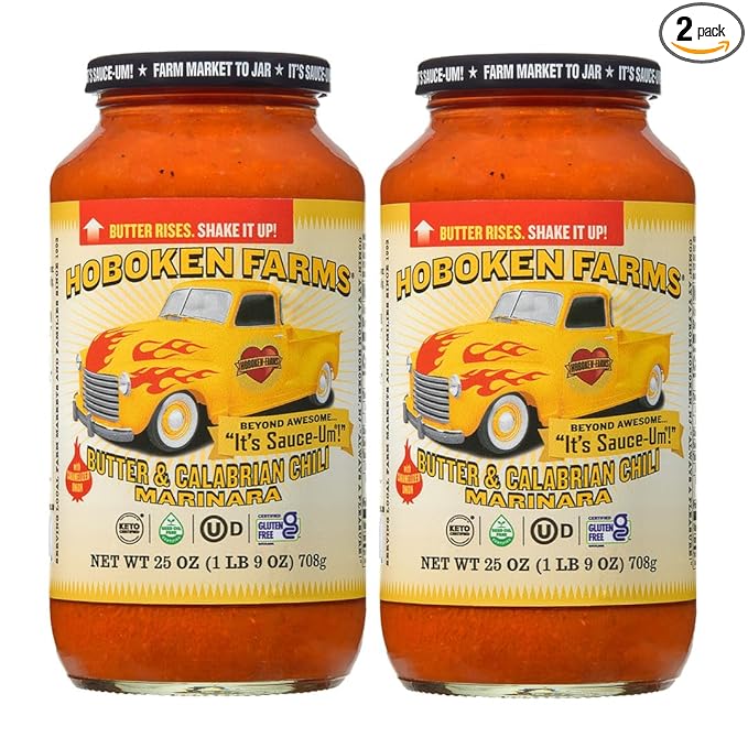 Hoboken Farms Butter &amp Calabrian Chili Marinara Sauce - No Sugar Added Low Sodium Non-GMO Preservative-Free Low Carb Keto and Seed Oil Free - Better For You Past Sauce! (25 Fl Oz Pack of 2)