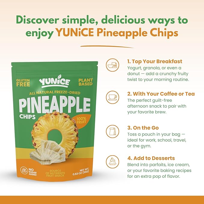 YUNiCE Freeze-Dried Pineapple Chips 100% Real Fruit Snack No Sugar Added Gluten Free Plant Based Crispy pineapple chunks organic pineapple PINEAPPLE 0.70 Ounce (Pack of 12)