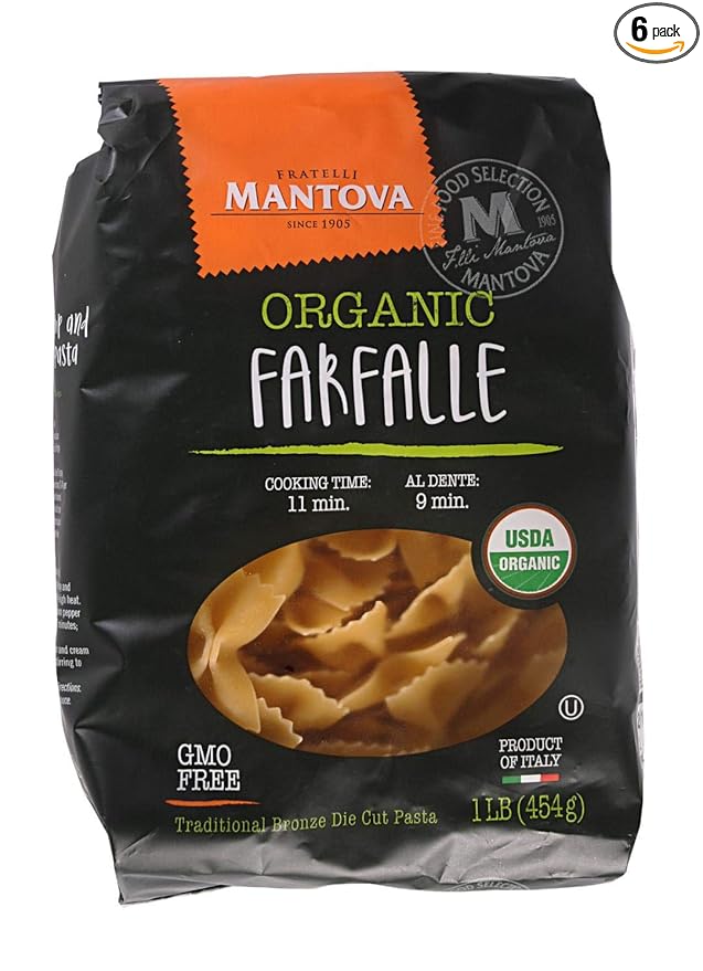 Mantova Italian Organic Pasta Bowtie Farfalle - 100% Durum Semolina Organic Farfalle -Product Of Italy 1 Pound (Pack of 6)