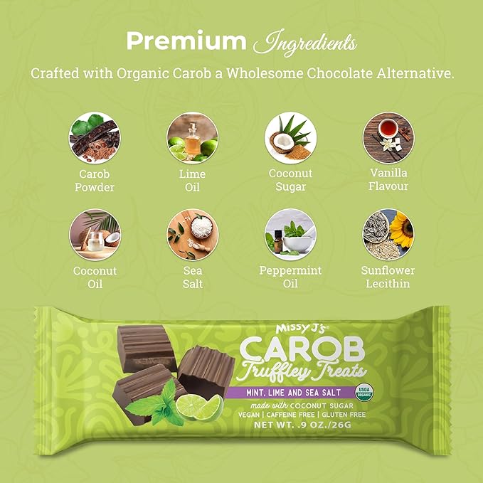 Missy J's Organic Carob Mint Truffley Treats 1.38 Oz 12 Pack Made w/Coconut Sugar Vegan Gluten and Caffeine Free Healthy Substitute for Chocolate Perfect for Snacks and Treats