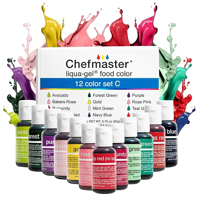 Chefmaster - Liqua-Gel Food Coloring - 12 Color Set C - Fade Resistant - 12 Pack - Vibrant Eye-Catching Colors Easy-To-Blend Formula - Made in the USA