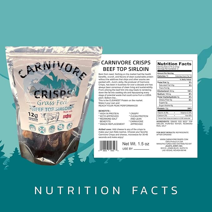 Carnivore Crisps Grass Fed and Finished Beef Top Sirloin Beef Crips High Protein Keto &amp Carnivore Diet Approved Gluten-Free No Hormones 1.5 oz (Pack of 3)
