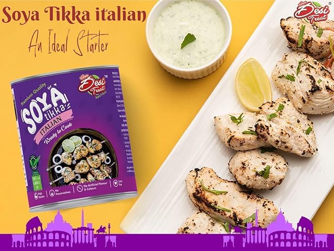 Desi Treat SOYA Tikka with Italian Herbs | Plant-Based Ready to Cook Snack | High Protein &amp Flavorful Vegetarian Appetizer | Ideal for Grilling Air Frying &amp Pan Cooking (800g Pack)