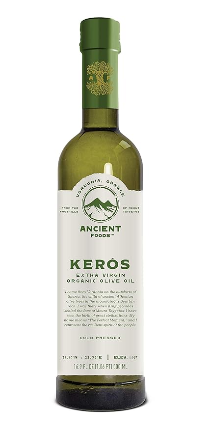 Ancient Foods Keros Organic Extra Virgin Olive Oil Cold Pressed – Greek EVOO High Polyphenol Olive Oil from 1000 Year Old Trees from Greece – Ideal for Cooking Salads &amp Gourmet Dishes – 500ml Bo