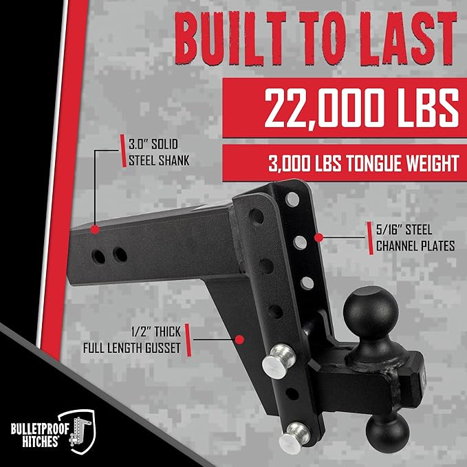 BulletProof Hitches - 3.0 Adjustable Heavy Duty Trailer Hitch (22000 lb. Rating) - 6 Drop/Rise Trailer Hitch with 2 &amp 2-5/16 Dual Ball - Powder Coat Solid Steel Corrosion-Resistant