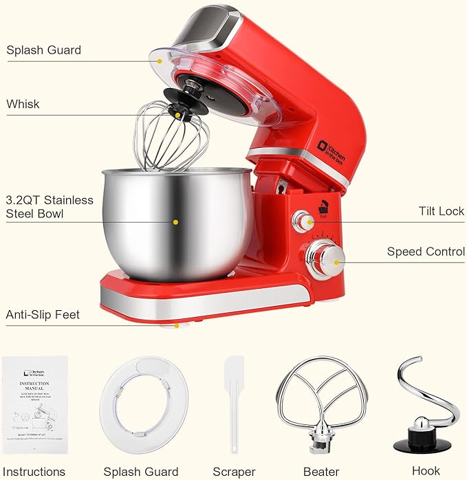 Stand Mixer Kitchen in the box 3.2Qt Small Electric Food Mixer6 Speeds Portable Lightweight Kitchen Mixer for Daily Use with Egg WhiskDough HookFlat Beater (Red)