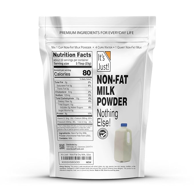 It's Just - Powdered Non-Fat (Skim) Milk rBST/rBGH Hormone Free Shelf Stable Just Add Water Makes Over 1.5 Gallon Milk 2 Pound Milk Powder