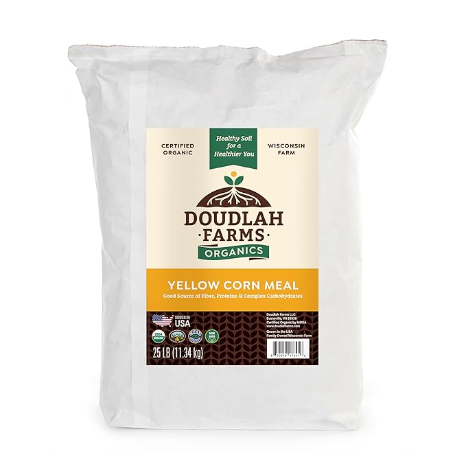 Organic Yellow Cornmeal 25 lb Fine Grind - Non-GMO Gluten-Free Sugar-Free Farmed From Regenerative Soil Vegan Grown In USA For Baking Cornbread Muffins Pancakes and More by Doudlah Farms