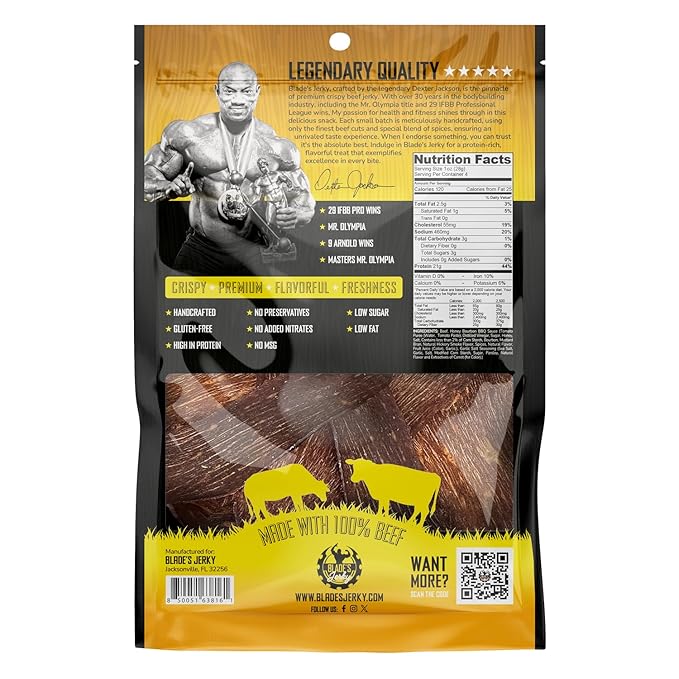 Blade's Jerky Honey Bourbon BBQ Premium Crispy Beef Jerky | High Protein Snack Gluten Free Keto Friendly | 4.0oz Honey Bourbon BBQ