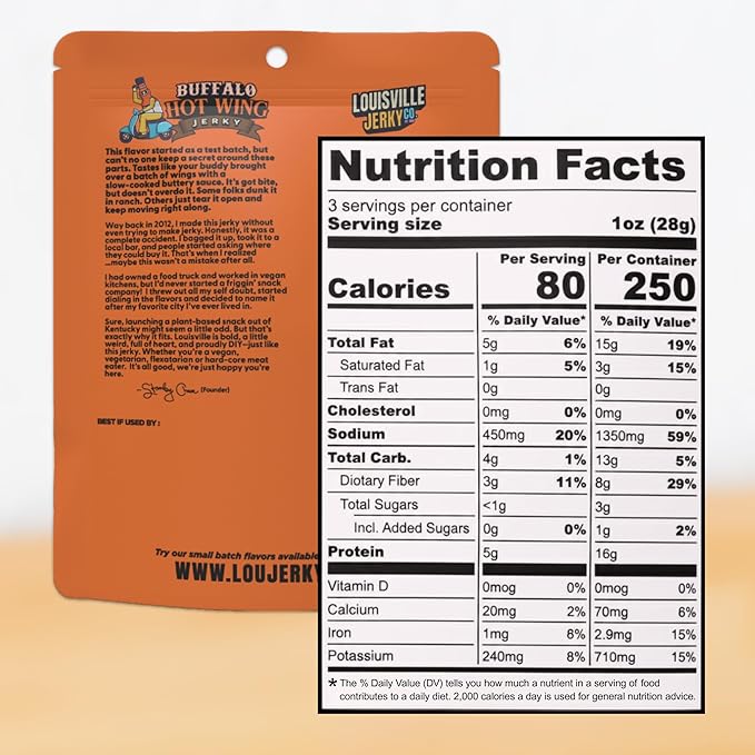 Louisville Vegan Jerky - Buffalo Hot Wing Vegetarian &amp Vegan-Friendly Jerky 21 Grams of Non-GMO Soy Protein 210 Calories Per Bag Gluten-Free Ingredients (3 oz 5-Pack)