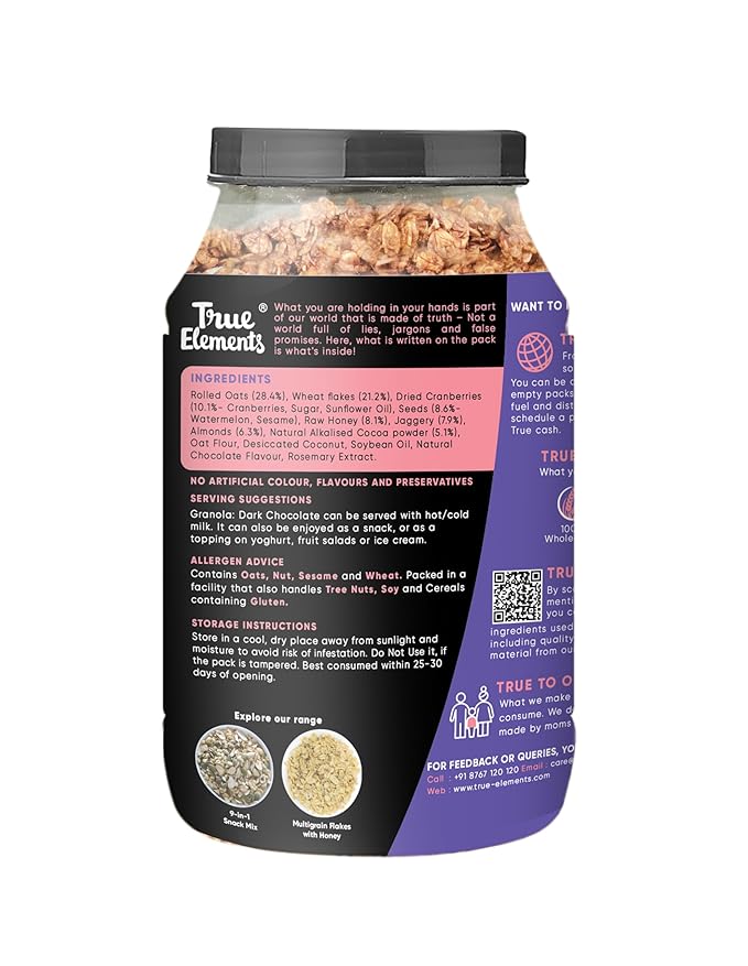 True Elements Chocolate Granola 31.74 Oz - With Dark Chocolate Almonds &amp Cranberries | Granola for Breakfast | Healthy Food | 100% Whole Grain Cereal