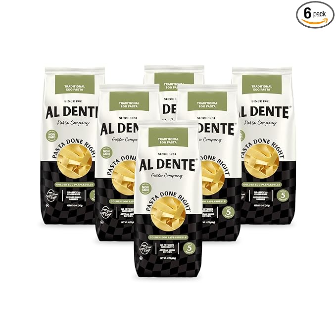 Al Dente Golden Egg Pappardelle – All-Natural Hand-Crafted Egg Pasta. Traditional Pasta Noodles Made with Cage-Free Eggs and Semolina. Great for Pastas Soups Stews. 12oz Bags (Pack of 6)