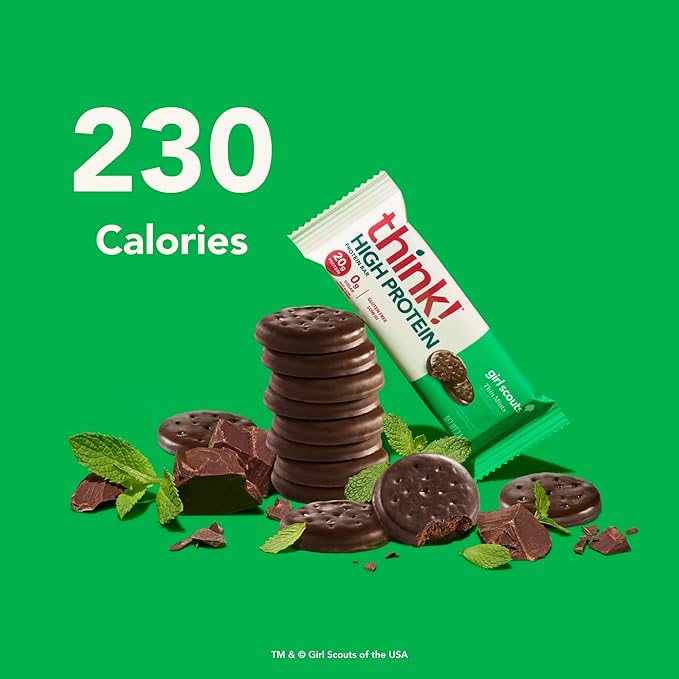 think! Protein Bars High Protein Snacks Gluten Free Kosher Friendly Girl Scouts Thin Mint Nutrition Bars 2.1 Oz per Bar 10 Count (Packaging May Vary)