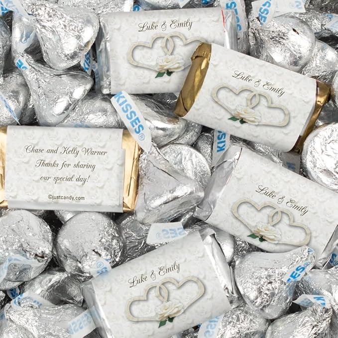 128 Pcs Personalized Wedding Candy Party Favors Wrapped Miniatures and Kisses (1.58 lbs) - Two Hearts
