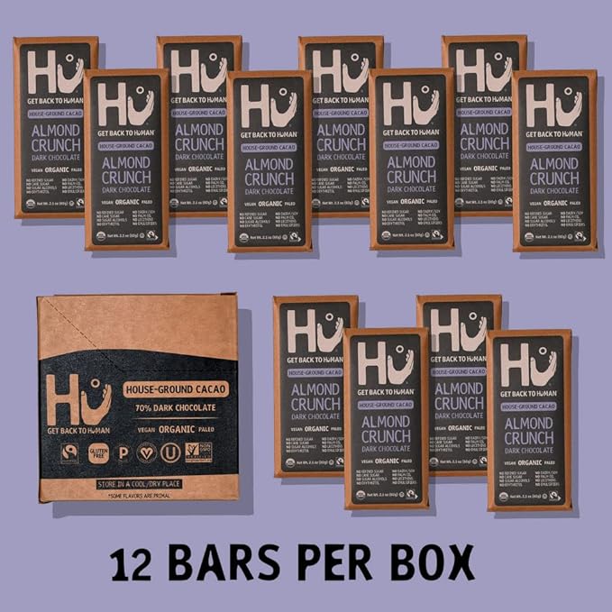 Hu Chocolate Bars | 12 Pack Almond Crunch Chocolate | Natural Organic Vegan Gluten Free Paleo Non GMO Fair Trade Dark Chocolate | 2.1oz Each