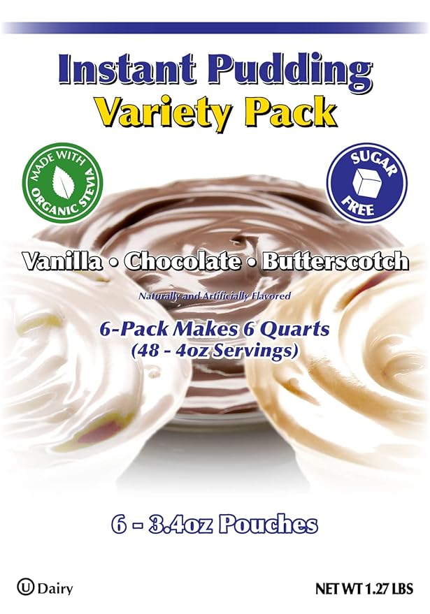 GramZero Variety (Vanilla Chocolate Butterscotch) Sugar Free Pudding Mix 6-Pack Great For Nutrition Club Meal Replacement Shakes Low Calorie Dessert Stevia Sweetened