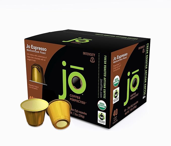 JO ESPRESSO: 40 Organic Nespresso Original Pods Compatible Original Line Compatible Fair Trade Certified Recyclable Medium/Dark Italian Roast with Thick Crema Crafted for Authentic Espresso