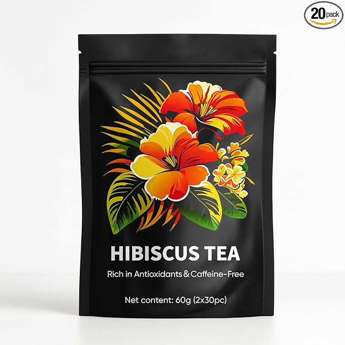 Hibiscus Tea - Whole Dried Flower Petals Hibiscus Tea Bags Antioxidant Caffeine-Free Natural Compounds Tart and Delicious20 Tea Bags