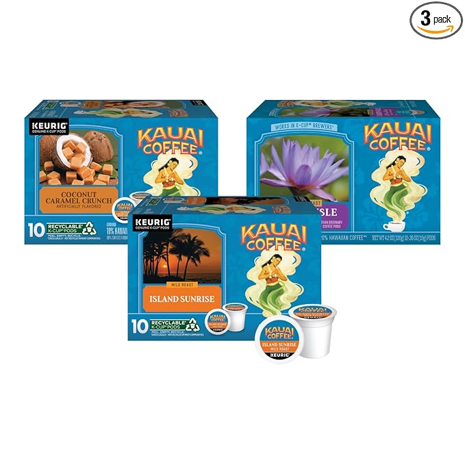 Kauai Coffee K-Cup Pods (Coconut Caramel Crunch Garden Isle Medium Roast &amp Island Sunrise Mild Roast) Variety Pack