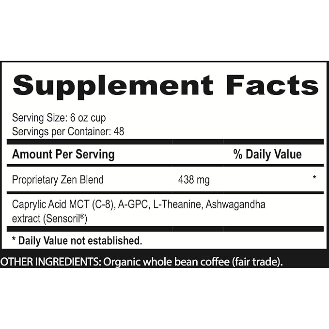 Brain Bean Zen-Blend Organic Coffee Whole Bean with Caprylic Acid MCT (C-8) A-GPC L-Theanine &amp Ashwagandha Extract - Premium Grade Organic Coffee Beans for Focus &amp Calm Support (16 Oz)