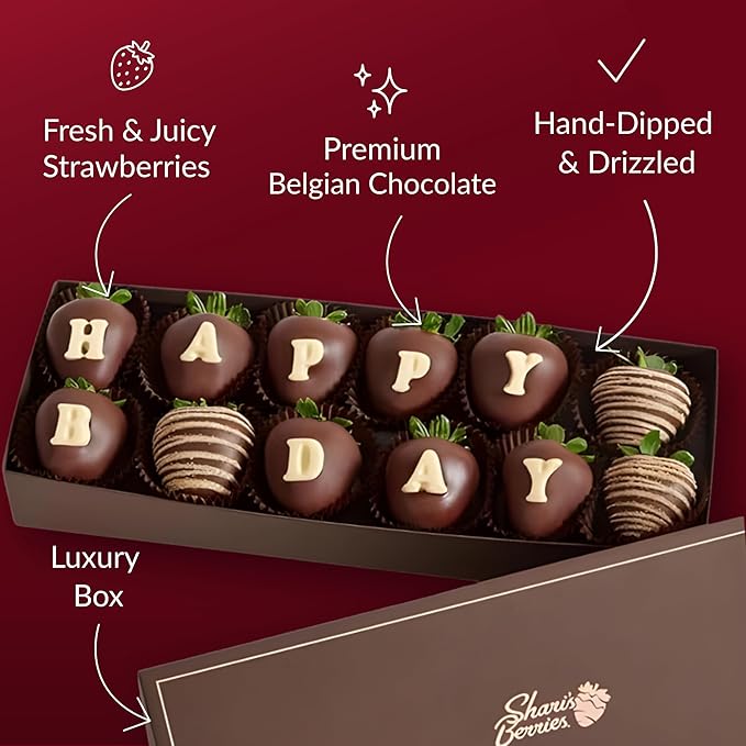 Shari’s Berries Happy Birthday Belgian Chocolate Covered Strawberries | Premium Birthday Gift Box (Full Dozen 12 Berries)
