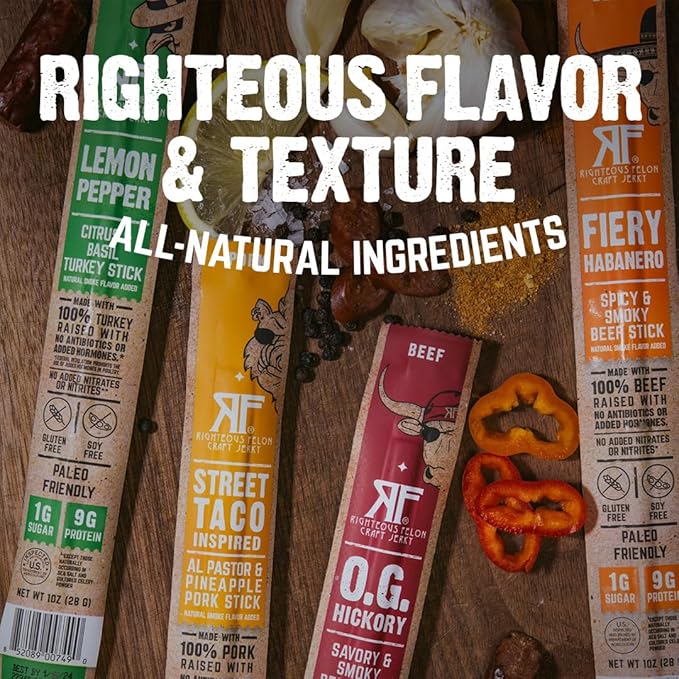 Righteous Felon Variety Meat Sticks | 100% Grass Fed Beef Turkey &amp Pork | 315g Total Protein | Gluten-Free Low Sugar High Protein Snack Sticks | Individually Wrapped | Jerky Variety Pack 36 Co