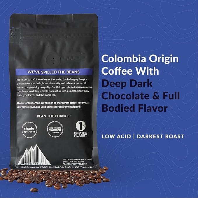 Peak State Coffee with Benefits 3 Bag Variety Pack – Mushroom Coffee Low Acid &amp Smooth Immunity Boost Brain Sustain &amp Stress Less Organic Whole Bean Gluten Free 12 oz. Each