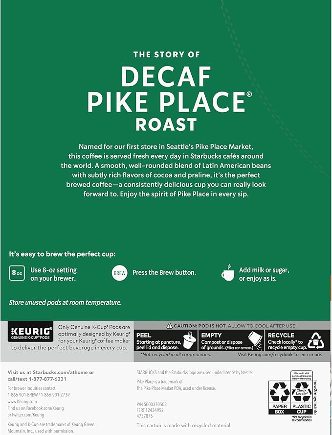 Starbucks Pike Place Decaf Coffee Keurig (100684)