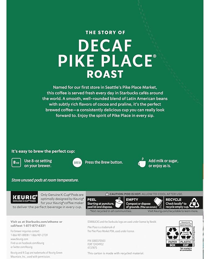 Starbucks Pike Place Decaffeinated Coffee Single-Serve K-Cup 24 Count