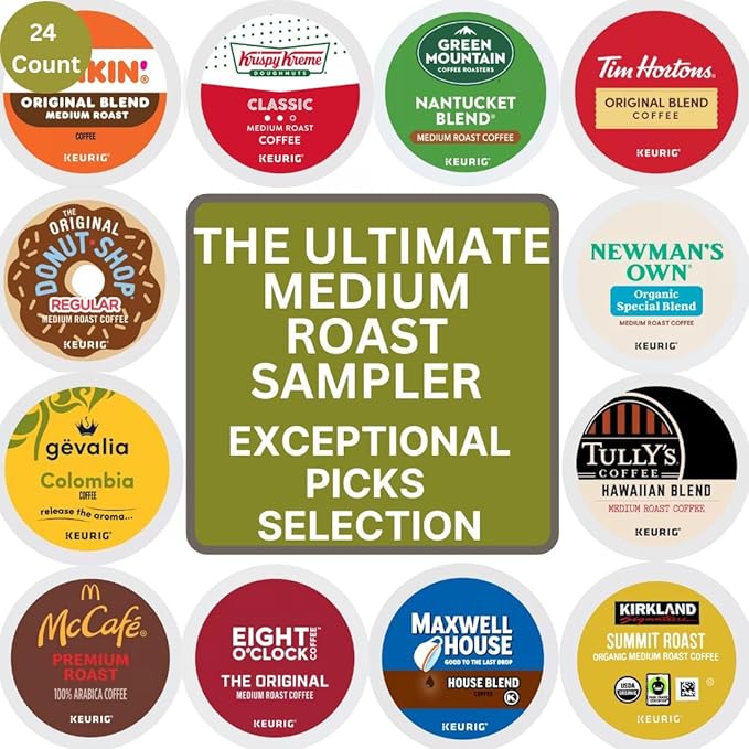 Medium Roast Coffee K-Cups Sampler Variety Includes Nantucket Blend Orignal Blend Eight O'clock Original Gevalia Colombia Donut Shop McCafe Premium Roast Tim Hortons Original Blend Tully's Haw