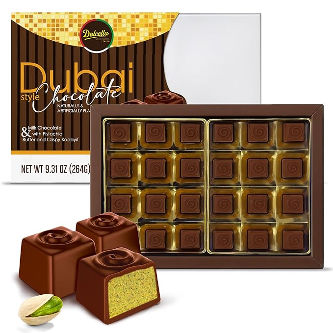 Dolcella Dubai Chocolate Truffles Gift Box – Milk Chocolate with Pistachio Cream Butter &amp Crispy Kataifi | 24-Piece Luxury Chocolate Candy Box | 9.31 OZ (264g)