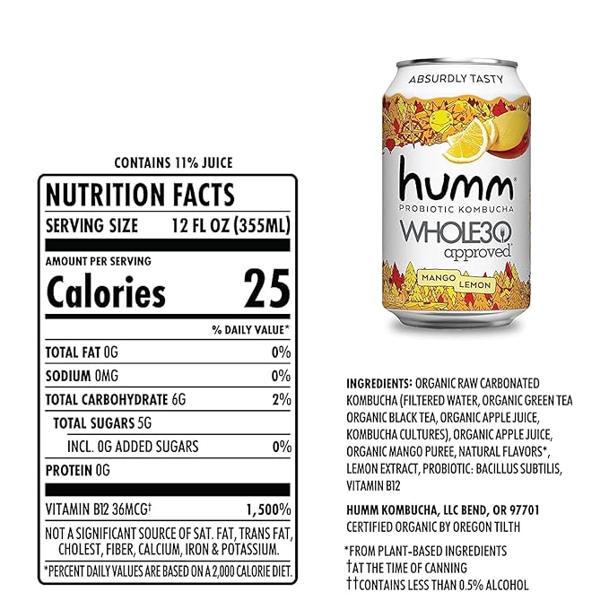 Humm Whole30 Approved Kombucha Mango Lemon Organic Vegan &amp GMO Free (12 Pack)