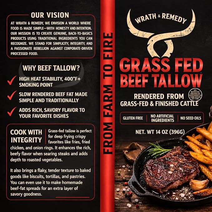 Beef Tallow for Cooking (14 oz) — US-Made 100% Grass-Fed and Finished Beef Fat Rich Flavor — Pure Beef Tallow for Deep Frying Searing Baking — Keto Paleo Carnivore Friendly- No Additives