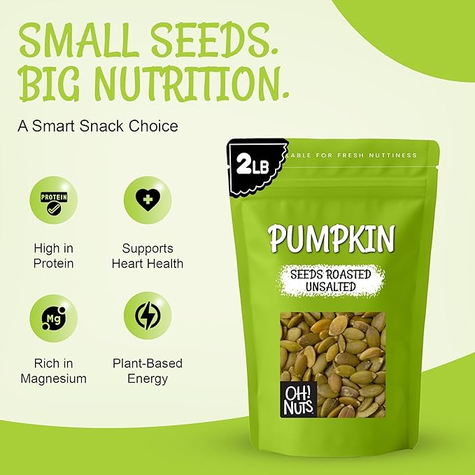 Oh! Nuts Pumpkin Seeds - Roasted Unsalted - 2 lb - No Shell Pepitas - Packed in New York Zip-Seal Bag for Exceptional Freshness
