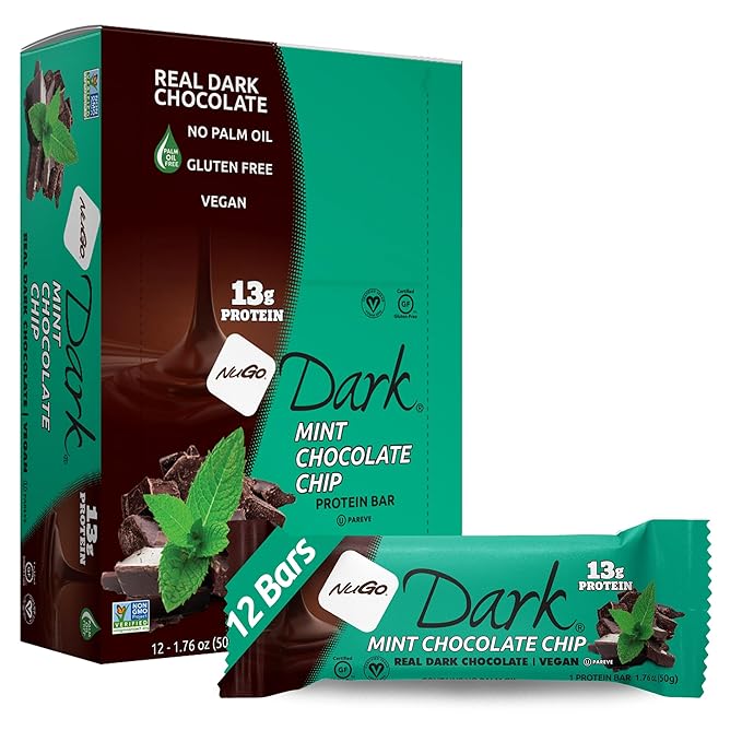 NuGo Dark Chocolate Mint Chocolate Chip 13g Protein Bar Vegan Gluten Free Non-GMO Kosher Pareve 12 Count