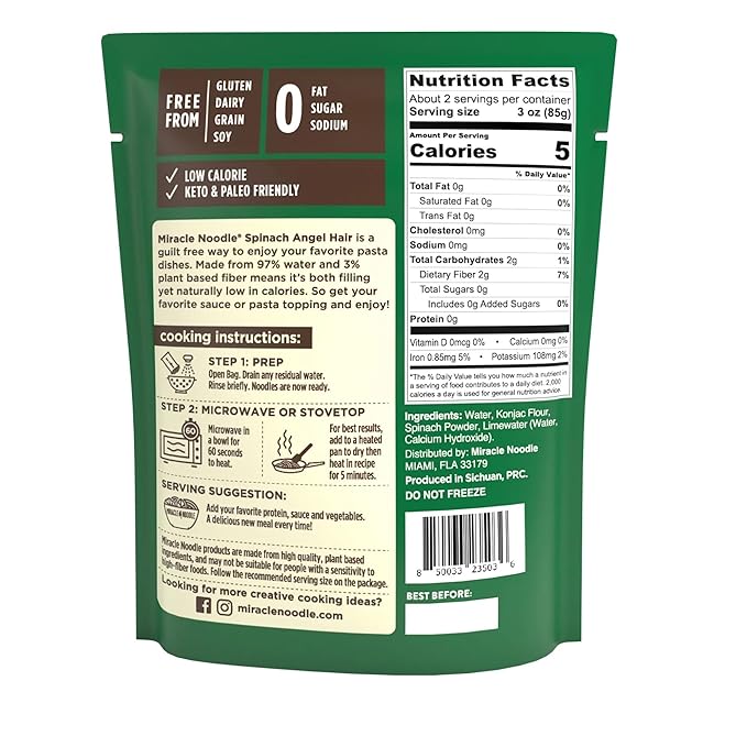 Miracle Noodle Ready to Eat Spinach Angel Hair Pasta 7 Oz (Pack of 12) Plant Based Shirataki Konjac Noodles 5 Calories 0g Net Carbs Per Serving Keto Gluten-Free
