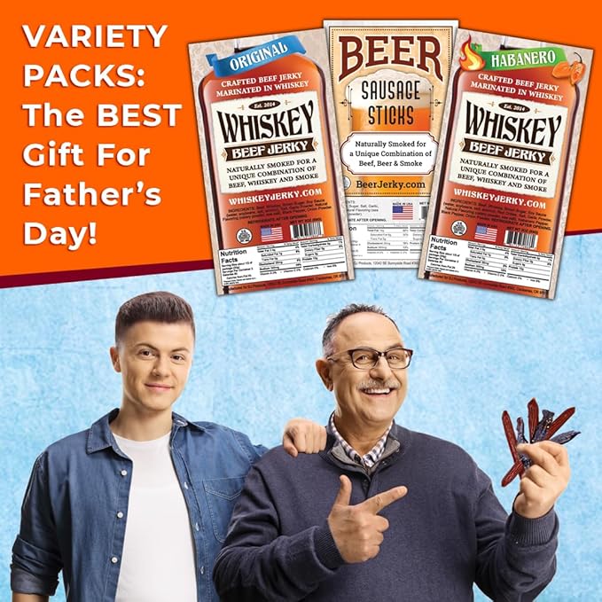 WhiskeyJerky.com Beef Jerky and Sausage Sticks Marinated in Whiskey Variety 3-Packs Jerky Gifts for men (Orig &amp Habanero Whiskey Jerky/Beer Sausage)