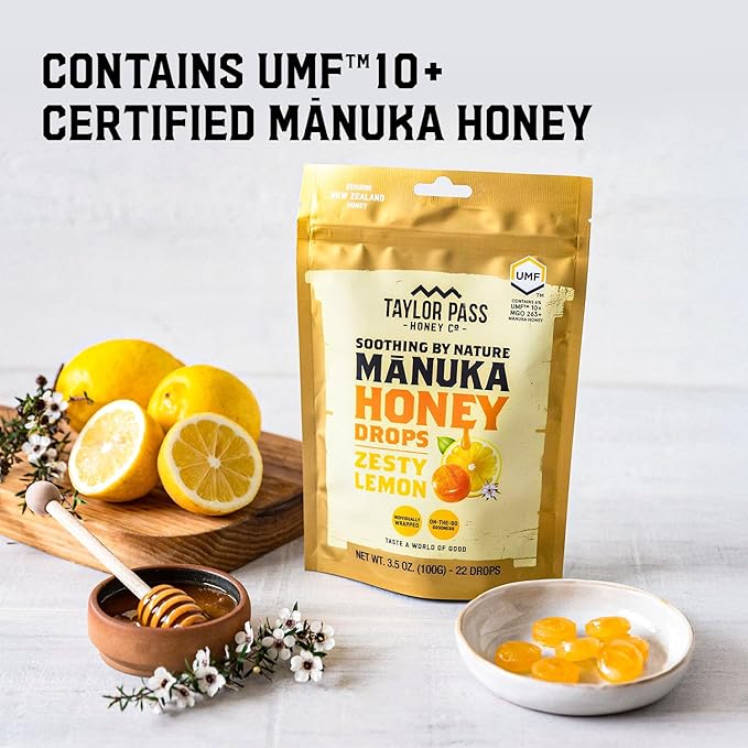 Taylor Pass Mānuka Honey Drops Bundle UMF™ 10+ Cool Mint &amp Zesty Lemon Lozenges | Natural Soothing On-The-Go | 2 Packs 22 Drops Each | Made in New Zealand