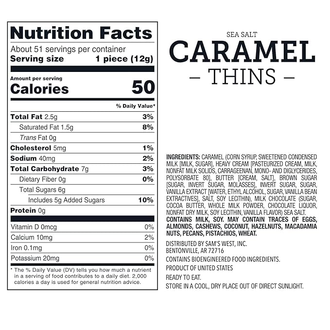 Member Marks Milk Chocolate Sea Salt Caramel Thins (50 Count) 21.57 Oz - 2 Pack - Creamy Milk Chocolate with Velvety Caramel Filling &amp Sea Salt - Individually Wrapped Gourmet Snacks