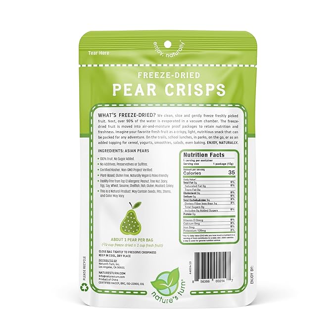 Nature’s Turn Freeze-Dried Pear Crisps – Healthy Gluten-Free Crispy &amp Delicious Plant-Based Snack Ideal for Cereal Smoothies School Lunches &amp On-the-Go Bags of 24 (0.35 oz Each)