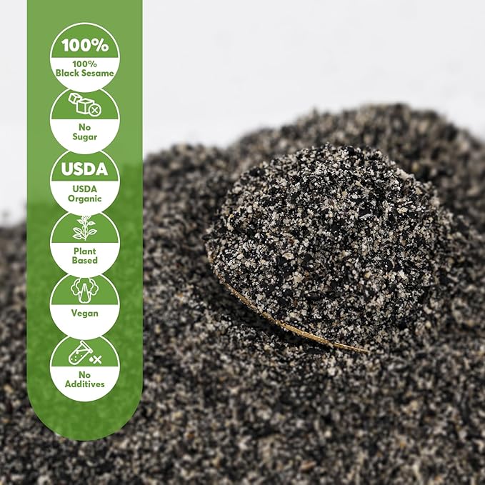 ONETANG Organic Black Sesame PowderPlant BasedGluten-FreeVeganProtein Source No SugarLow Temp RoastedHalalNon-GMOBlack Sesame Paste 12.36 Oz (350g)