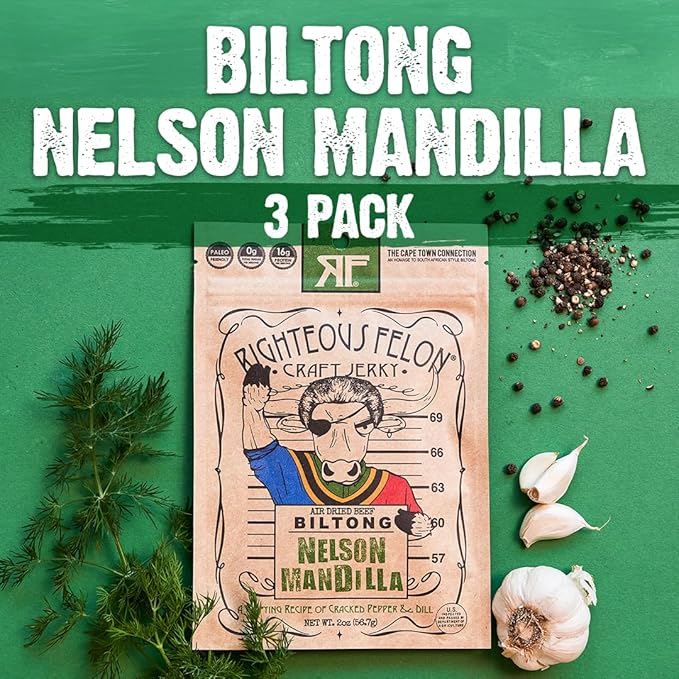 Righteous Felon Biltong Beef Jerky | South African Biltong Snack Packs for Adults | High Protein Keto-Friendly Low Sugar | Made with Premium Meats | Beef Jerky Gifts for Men | Nelson Mandilla 3 Pack