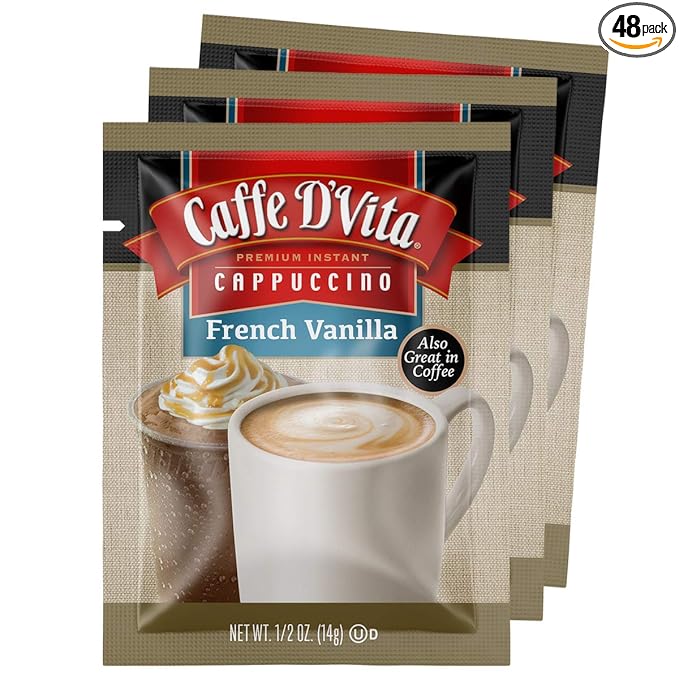 Caffe D'Vita French Vanilla Cappuccino Mix - Instant Cappuccino Mix French Vanilla Instant Coffee Gluten Free No Cholesterol &amp Hydrogenated Oils 99% Caffeine Free - Envelopes 0.5 Oz (Pack of