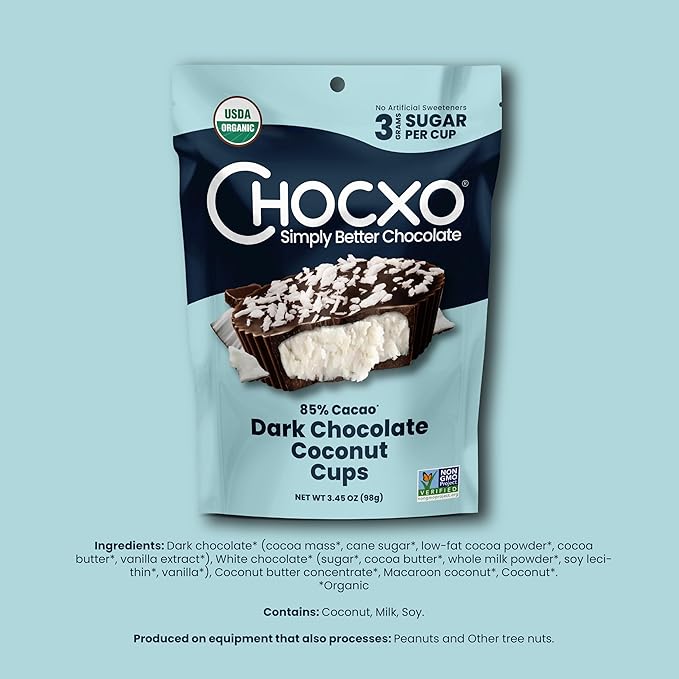 Chocxo Dark Chocolate Coconut Cups - Truly Indulgent Low in Real Sugar Organic Non-GMO Keto Certified Certified Gluten Free and Kosher No Artificial Sweeteners or Sugar Alcohols Decadent 85%