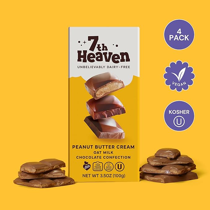 7th Heaven Vegan Oat Milk Chocolate Bars: Peanut Butter Cream - (3.5 oz - 4 Pack) Healthy Chocolate Perfect Valentines Gift For Your Loved Ones 100% Dairy Free Non GMO Kosher Parve Cruelty Free