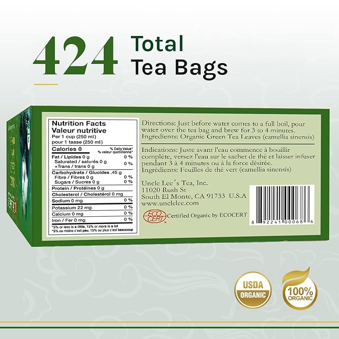 Uncle Lee's Organic Green Tea Bags 4-Pack 106-Count Super Packs – Bright &amp Refreshing Lightly Caffeinated Bulk Tea for Home Office Camping