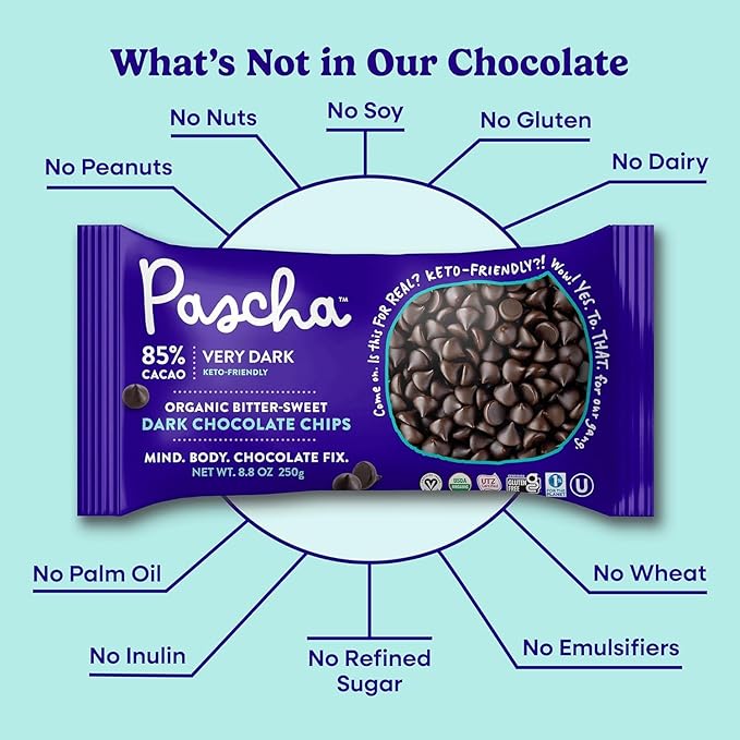 Pascha Organic 85% Cacao Bittersweet Dark Chocolate Chips – 3 Pack 8.8 oz Bags (26.4 oz Total) – Allergen-Free Vegan Baking Chocolate
