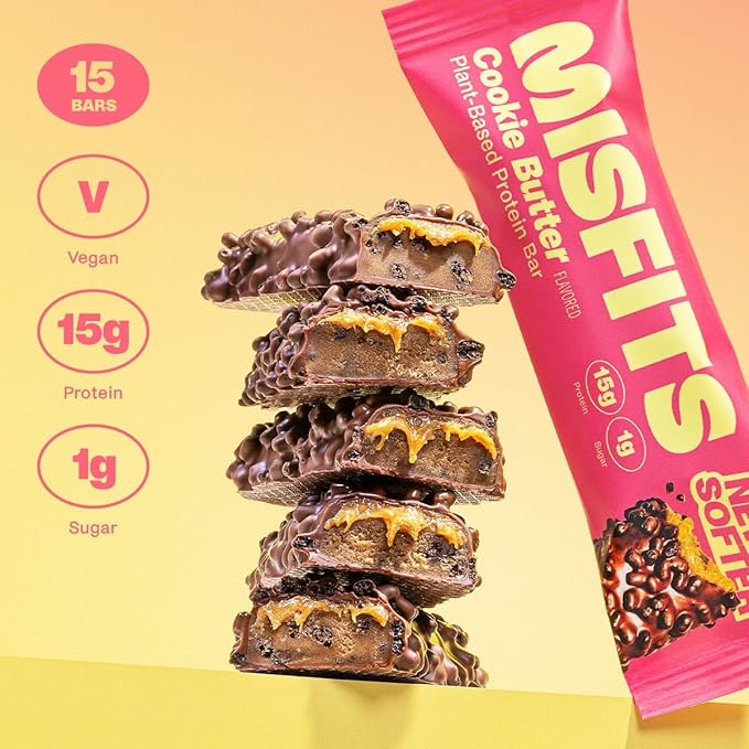 Misfits Vegan Protein Bars Cookie Butter - Updated Recipe | Plant Based Low Sugar &amp Carb High Fiber Snacks | Pack of 15