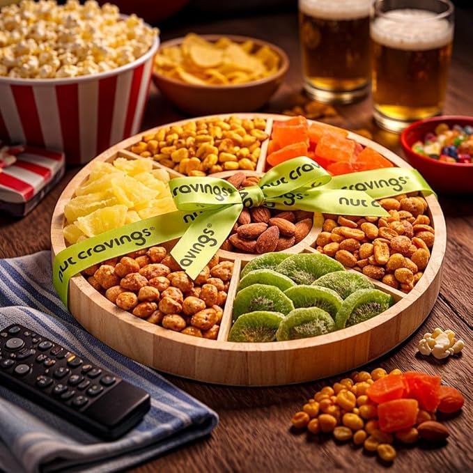 NUT CRAVINGS - Easter Dried Fruit &amp Mixed Nuts Gift Basket in Reusable Round Wooden Tray + Ribbon (7 Assortments) Ramadan Gifts Saint Patricks Day Food Arrangement Healthy Snack Care Package Ko